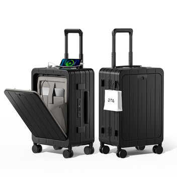 Top Opening PC Hard Shell 20-inch International Carry On Luggage - Zipperless, Aluminum Frame, No Zipper Suitcase, TSA Airline Approved Suitcases with Spinner Wheels Black