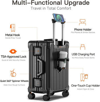DTA Nova 20-inch Carry On Luggage - Zipperless, Aluminum Frame, No Zipper Hard Shell PC Suitcase, Noble TSA Airline Approved Suitcases with Spinner Wheels Black
