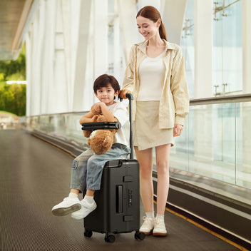 DTA Nova 20-inch Carry On Luggage for Kids with Seat, Mom's Must-Have Suitcase Stroller, Adjustable Handle, Hard Shell PC Suitcase for Family Black